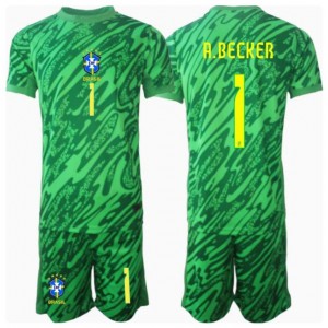 Brasilia Alisson Becker #1 Maalivahti Jalkapallovaatteet Lasten Kotipeliasu Copa America 2024 Lyhythihainen (+ Lyhyet housut)